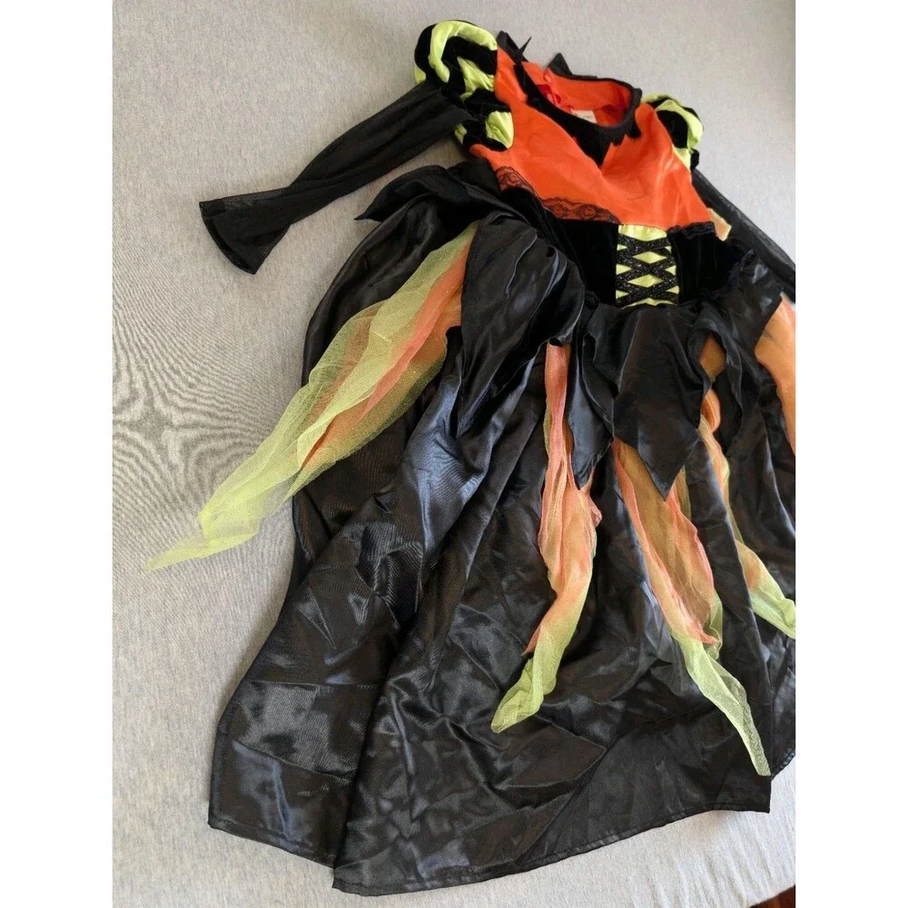 Disguise Girls Halloween Witch Costume Dress Long Sleeve Black Orange Green 4-6X